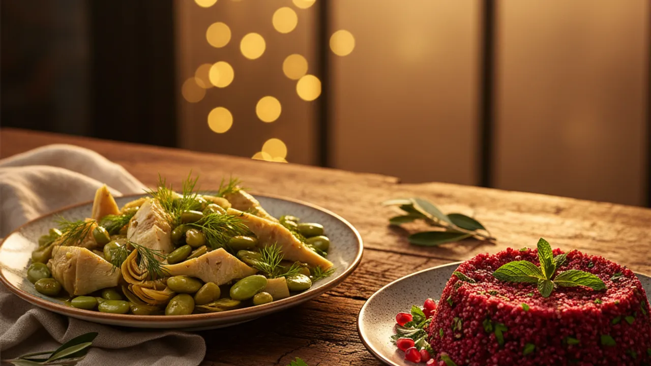 Enginarlı zeytinyağlı ve kısır salatası, ahşap bir masanın üzerinde yer alıyor. Renkli tabaklarla sunulmuş yemekler, doğal ışık altında göz alıcı bir şekilde parlıyor. Arka planda yeşil bitkiler ve doğal dokulu bir masa örtüsü ile rustik bir atmosfer yaratılmış.