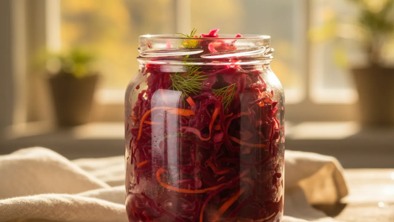 Fermente edilmiş sebzelerin yer aldığı şık bir kavanoz, doğal ışıkta parlıyor. Arka planda ahşap bir masa var, masanın üzerindeki dokulu örtü ile uyumlu renk tonları dikkat çekiyor. Kavanoz, sağlıklı yaşamın simgesi olarak öne çıkıyor.