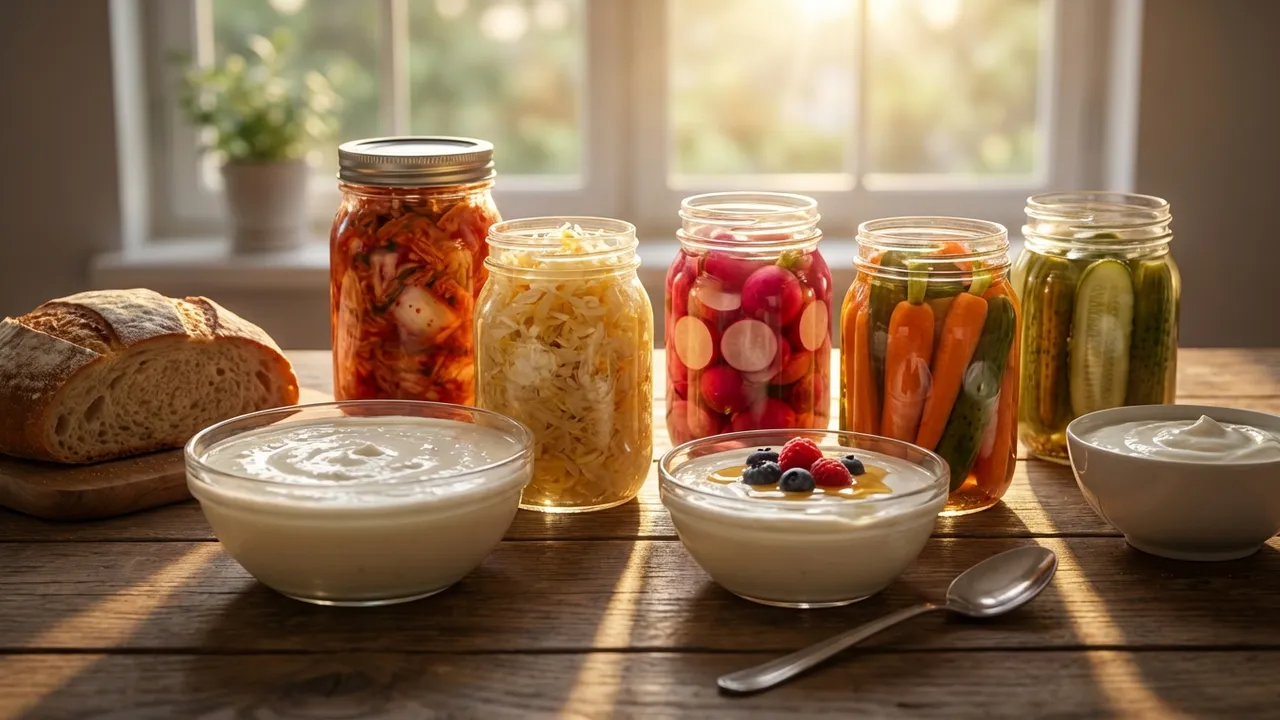 Fermente gıdaların çeşitli örnekleri, renkli sebzeler ve fermente yoğurtlar. Arka planda doğal ahşap masa. Soft doğal ışık ile aydınlatılmış. 30 derece açıyla detayların ön plana çıktığı bir kompozisyon.