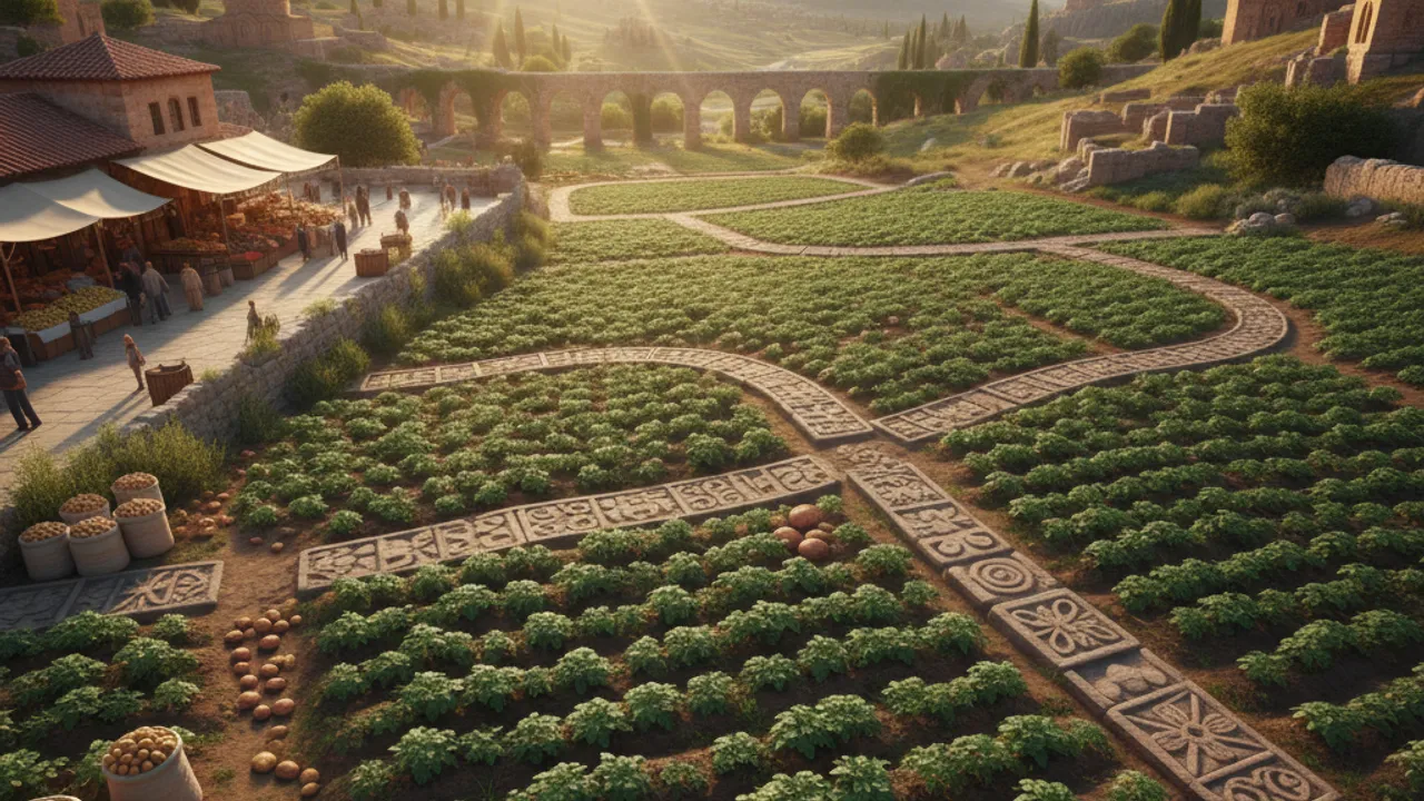 Patatesin tarihçesi ve Anadolu'ya giriş sürecini simgeleyen eski haritalar ve patates tarlası. Güneşli bir günde, doğal ışığın tarlada parladığı bir açıyla çekilmiş. Arka planda Anadolu'nun doğal güzellikleri ve tarihi yapıları yer alıyor.