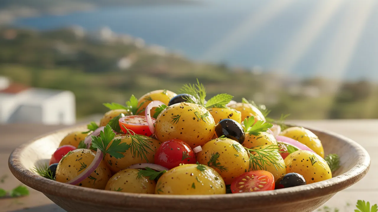 Ege Bölgesi'nde hazırlanan taze otlar ve zeytinyağı ile harmanlanmış patates salatası. Renkli malzemeler, doğal ışık altında parlayan canlı renkleriyle dikkat çekici bir kompozisyon oluşturuyor. Arka planda Ege'nin doğal güzellikleri yer alıyor.