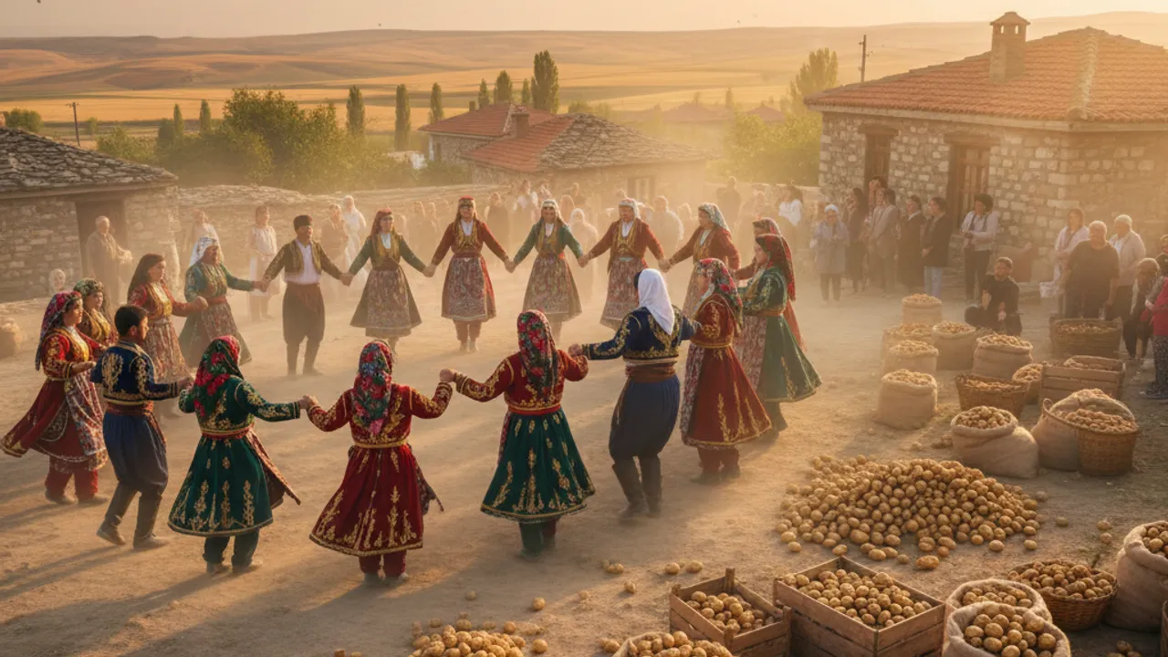 Geleneksel bir Anadolu köyünde patates hasadı sırasında yapılan kutlama. Renkli kıyafetler giymiş insanlar, müzik eşliğinde dans ediyor. Güneşli bir günde, doğal ışıkların ve renklerin oluşturduğu samimi bir atmosfer.