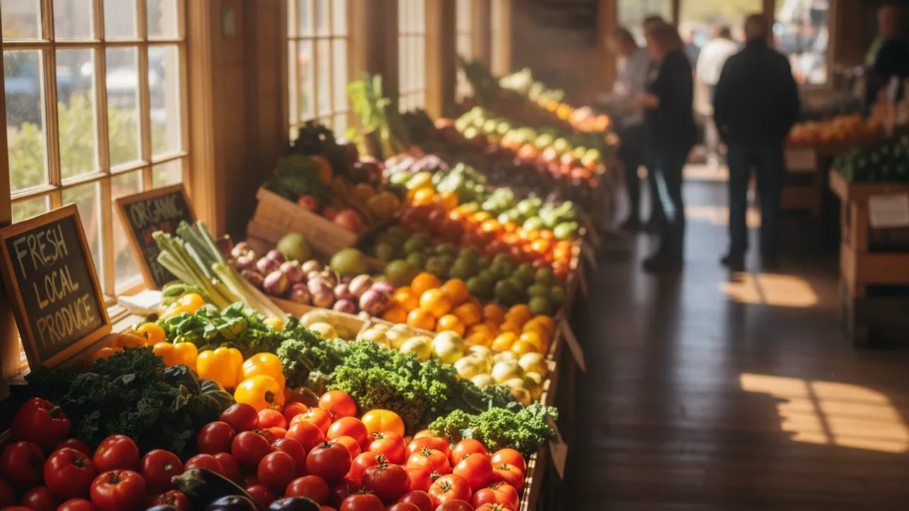 Renkli ve taze sebzelerle dolu bir pazar yeri, güneş ışığı altında doğal bir atmosfer. Çeşitli meyve ve sebzelerin sergilendiği tezgahlar, ziyaretçilerin ilgisini çekiyor.