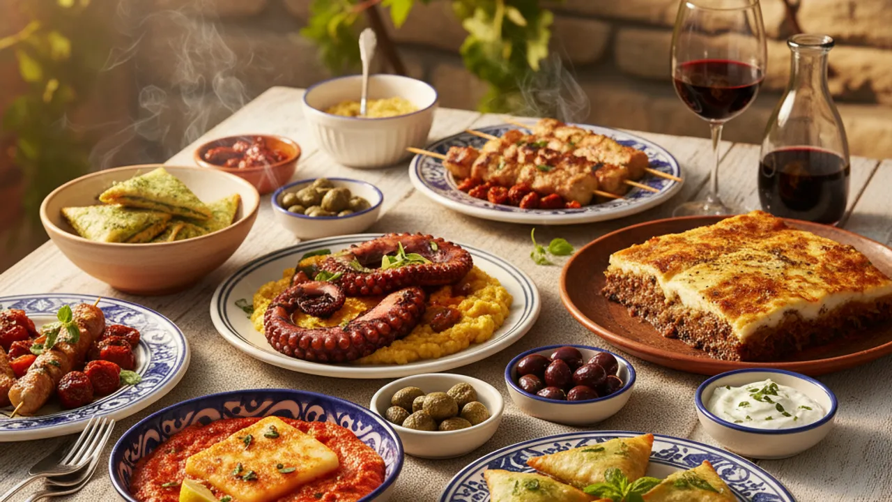 Farklı bölgelere ait Yunan yemekleri, zengin renkleri ve çeşitliliği ile sergilenen bir masa. Geleneksel tabaklar üzerinde sunulan mezeler ve ana yemekler, göz alıcı bir görünüm sunuyor.