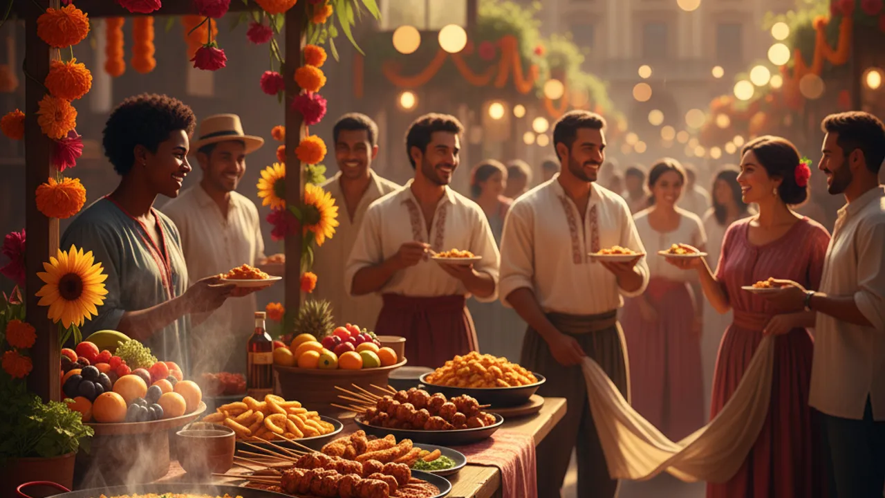 Bir gastronomi festivali alanı, yerel yiyecek tezgahları, çiçeklerle süslenmiş masalar ve kalabalık bir atmosfer. Gün ışığı altında insanlar gülümsemekte ve yemek tadımı yapmaktadır.