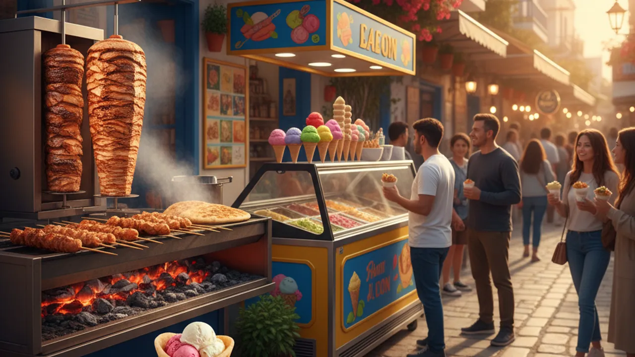 Canlı bir sokak manzarası, taze souvlaki ve gyro tezgahları ile dolu. İnsanlar etrafında dolaşırken, renkli dondurma tezgahları dikkat çekiyor. Güneş ışığı altında sokak atmosferi oldukça canlı.