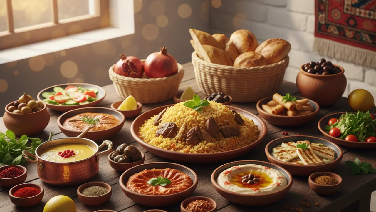 Yunan mutfağının tarihini yansıtan çeşitli geleneksel yemekler ve malzemeler. Ahşap bir masa üzerinde yer alan tabaklar, canlı renklerle dolu ve doğal ışık altında güzel bir atmosfer yaratıyor.